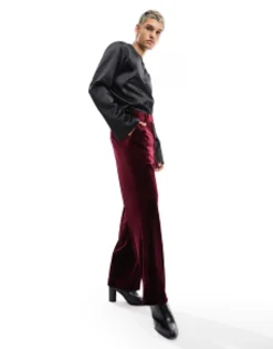 Trousers & Chinos*DESIGN Smart Wide Leg Trousers In Velvet Burgundy