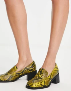 Loafers*DESIGN Stanford Smart Mid Heeled Loafers In Yellow Snake