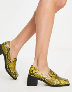 Loafers*DESIGN Stanford Smart Mid Heeled Loafers In Yellow Snake