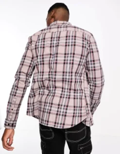 Tall*DESIGN Stretch Slim Check Shirt In Stone And Black Brown