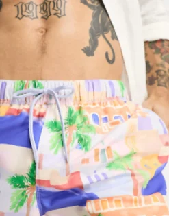Swimwear*DESIGN Swim Shorts In Mid Length In Scenic Print Multi