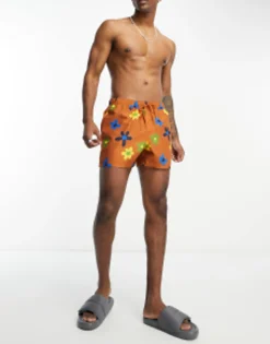 Swimwear*DESIGN Swim Shorts In Short Length In Floral Print In Brown Caramel Brown