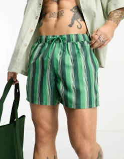 Swimwear*DESIGN Swim Shorts In Short Length In Green Stripe Multi