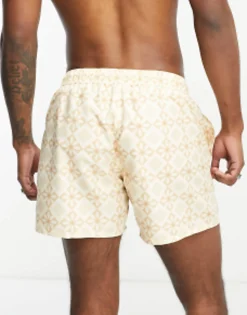 Swimwear*DESIGN Swim Shorts In Short Length In Tile Print Frosted Beige