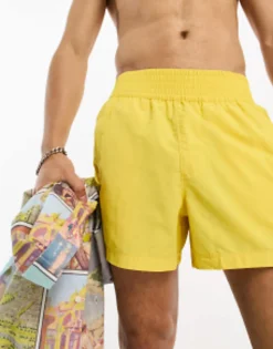 Swimwear*DESIGN Swim Shorts In Short Length With Thick Waistband In Yellow