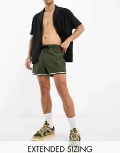 Swimwear*DESIGN Swim Shorts In Short Length With Cargo Pocket And Contrast Binding In Khaki