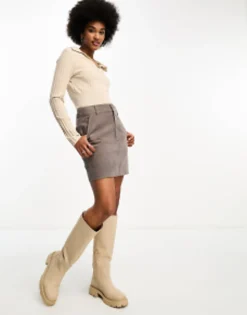 Tall*DESIGN Tall Cord Pocket A-Line Mini Skirt In Taupe