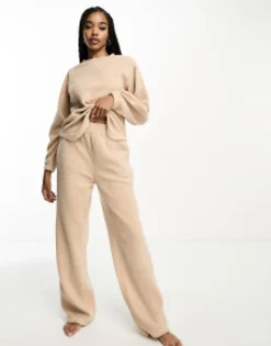 Tall*Tall Design Exclusive Lounge Borg Sweat & Wide Leg Trouser Set In Camel