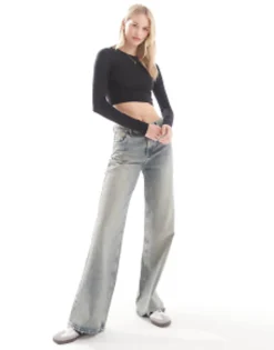 Tall*Tall Design Fitted Crop T-Shirt With Long Sleeve In Black