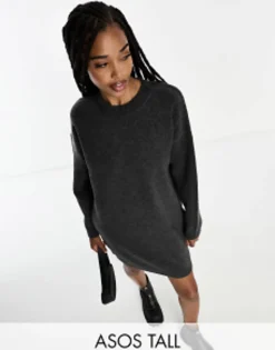 Tall*Tall Design Knitted Jumper Mini Dress With Crew Neck In Charcoal
