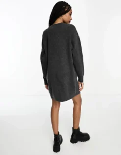 Tall*Tall Design Knitted Jumper Mini Dress With Crew Neck In Charcoal