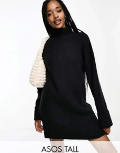 Tall*Tall Design Knitted Jumper Mini Dress With High Neck In Black