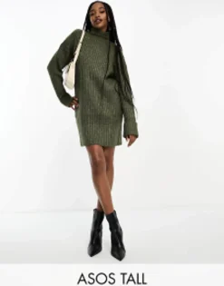 Tall*Tall Design Knitted Jumper Mini Dress With High Neck In Khaki