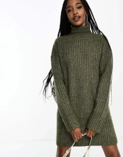 Tall*Tall Design Knitted Jumper Mini Dress With High Neck In Khaki