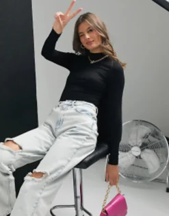 Tall*Tall Design Long Sleeve Bodysuit With Turtle Neck In Black
