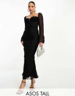Tall*Tall Design Milkmaid Ruffle Corset Detail Midi Dress In Black