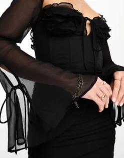 Tall*Tall Design Milkmaid Ruffle Corset Detail Midi Dress In Black