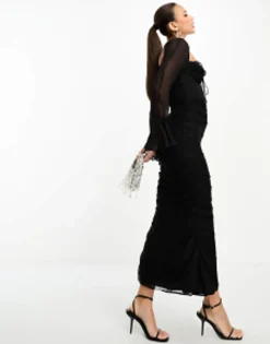 Tall*Tall Design Milkmaid Ruffle Corset Detail Midi Dress In Black