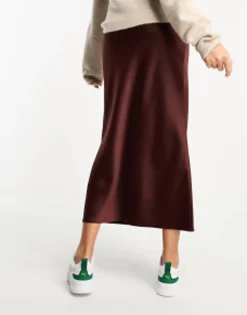 Tall*Tall Design Satin Bias Midi Skirt In Chocolate