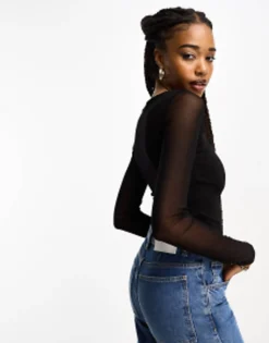 Tall*Tall Design Sweetheart Neckline Bodysuit With Mesh Sleeve In Black