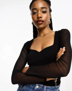 Tall*Tall Design Sweetheart Neckline Bodysuit With Mesh Sleeve In Black