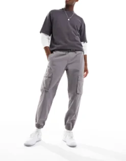Trousers & Chinos*DESIGN Tapered Pull On Cargo Trouser In Washed With Elasticated Waist Charcoal