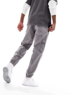 Trousers & Chinos*DESIGN Tapered Pull On Cargo Trouser In Washed With Elasticated Waist Charcoal