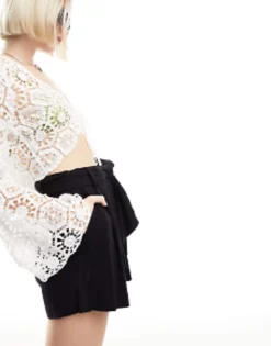 Shorts*DESIGN Tie Waist Short With Linen In Black