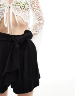 Shorts*DESIGN Tie Waist Short With Linen In Black