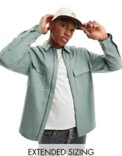 Tall*DESIGN Twill Zip Through Shacket In Sage Green