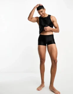 Underwear*DESIGN Underwear Set With Vest And Trunk In Striped Mesh In Black