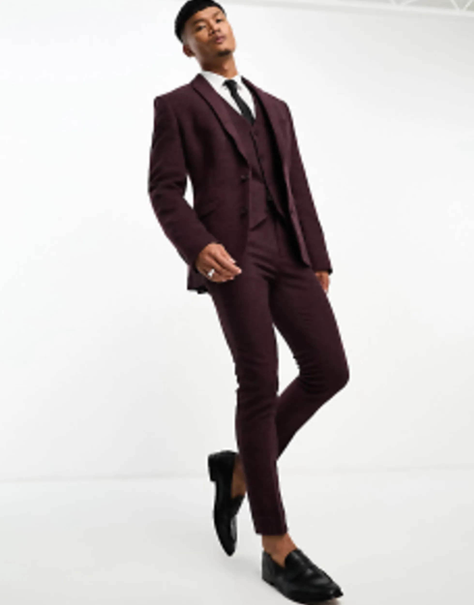 Suits & Tailoring*DESIGN Wedding Super Skinny Wool Mix Suit In Burgundy Puppytooth