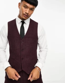 Suits & Tailoring*DESIGN Wedding Super Skinny Wool Mix Suit In Burgundy Puppytooth