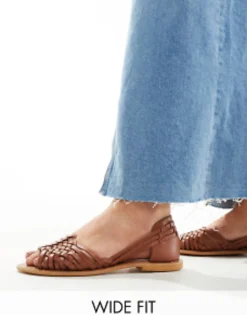 Flat Sandals*DESIGN Wide Fit Francis Leather Woven Flat Sandals In Tan