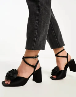 Sandals*DESIGN Wide Fit Heather Corsage Mid Heeled Sandals In Black Black Satin