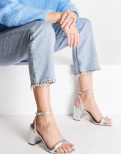 Sandals*DESIGN Wide Fit Hilton Barely There Block Heeled Sandals In Silver