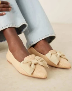 Flat Shoes*DESIGN Wide Fit Lake Bow Pointed Ballet Flats In Natural Raffia