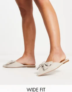 Flat Shoes*DESIGN Wide Fit Lass Oversized Bow Pointed Flat Mules In Natural Fabrication