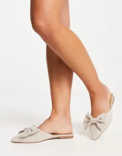 Flat Shoes*DESIGN Wide Fit Lass Oversized Bow Pointed Flat Mules In Natural Fabrication