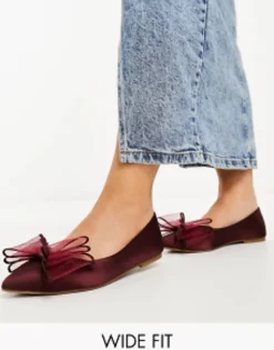 Flat Shoes*DESIGN Wide Fit Lila Bow Ballet In Burgandy