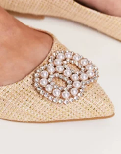 Flat Shoes*DESIGN Wide Fit Lola Faux Pearl Pointed Ballet Flats In Natural Natural Fabrication