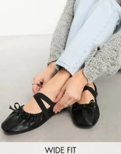 Flat Shoes*DESIGN Wide Fit Los Angeles Ruched Ballet With Elastic Strap In Matte Black