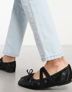 Flat Shoes*DESIGN Wide Fit Los Angeles Ruched Ballet With Elastic Strap In Matte Black