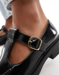 Flat Shoes*DESIGN Wide Fit Margo Mary Jane Flat Shoes In Black