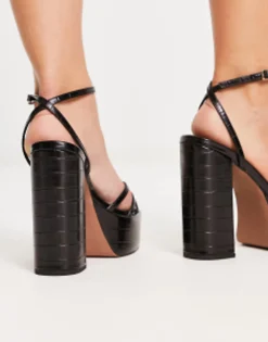 Sandals*DESIGN Wide Fit Nate Platform Heeled Sandals In Black Black Croc