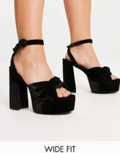 Sandals*DESIGN Wide Fit Natia Knotted Platform Heeled Sandals In Black Black Velvet