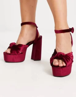 Sandals*DESIGN Wide Fit Natia Knotted Platform Heeled Sandals In Burgundy Burgundy Velvet