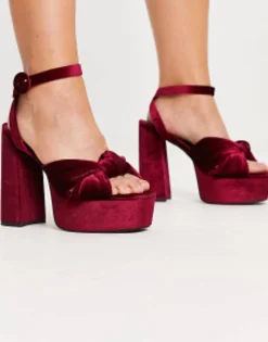 Sandals*DESIGN Wide Fit Natia Knotted Platform Heeled Sandals In Burgundy Burgundy Velvet
