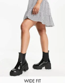 Chelsea Boots*DESIGN Wide Fit Reality Chunky Mid-Heeled Chelsea Boots In Black Black Box