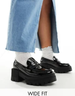 Loafers*DESIGN Wide Fit Script Chunky Mid Heeled Loafers In Black Patent
